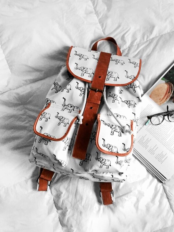 White-Print Leather Belt-Strap Backpack | Designer Daypack for Urban Commute