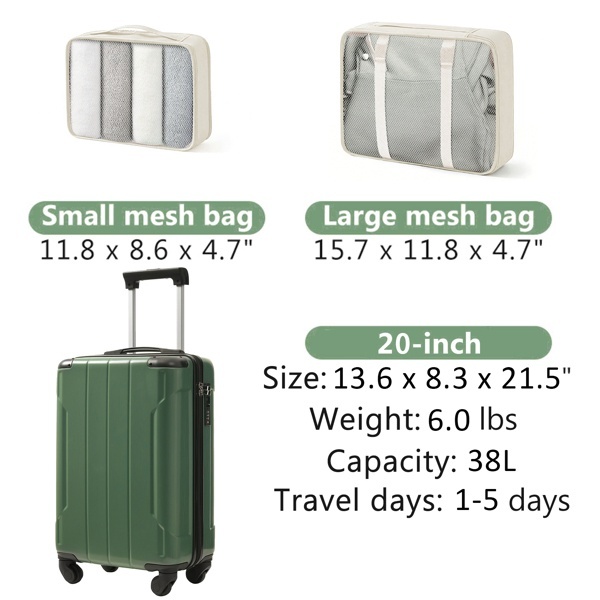 20-Inch Hardshell Carry-On Luggage, Lightweight Durable ABS Suitcase With Spinner Wheels, Built-in TSA Lock, 2 Packing Cubes, Green