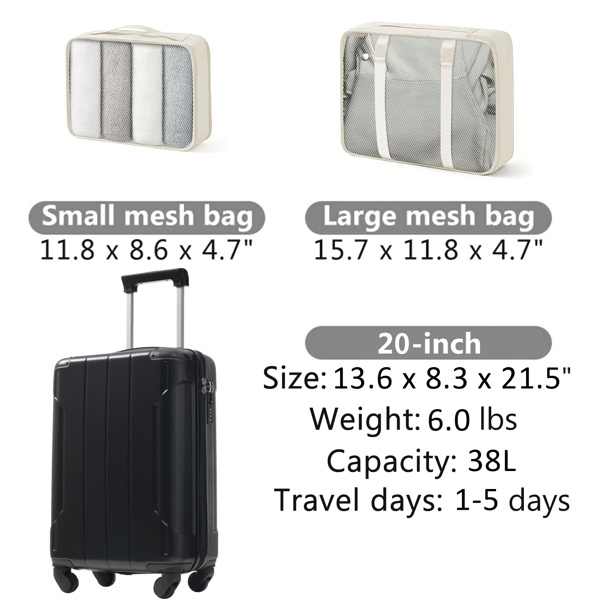20-Inch Hardshell Carry-On Luggage, Lightweight Durable ABS Suitcase With Spinner Wheels, Built-in TSA Lock, 2 Packing Cubes, Black