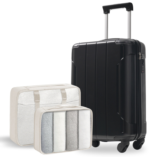 20-Inch Hardshell Carry-On Luggage, Lightweight Durable ABS Suitcase With Spinner Wheels, Built-in TSA Lock, 2 Packing Cubes, Black