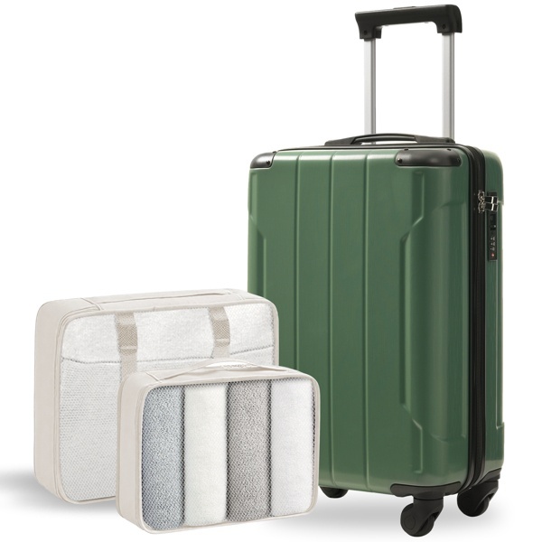 20-Inch Hardshell Carry-On Luggage, Lightweight Durable ABS Suitcase With Spinner Wheels, Built-in TSA Lock, 2 Packing Cubes, Green