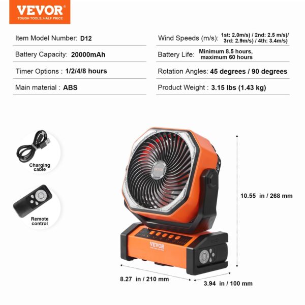 da6c5a7f-dfb9-45fe-a2c3-3532eb823850.jpg VEVOR Portable Fan Rechargeable 9 Inch, Battery Powered Fan With LED Lantern, 4 Speeds Adjustable Automatic Swivel & Timer , USB Battery Operated Fans For Travel Bedroom Home Camping Office
